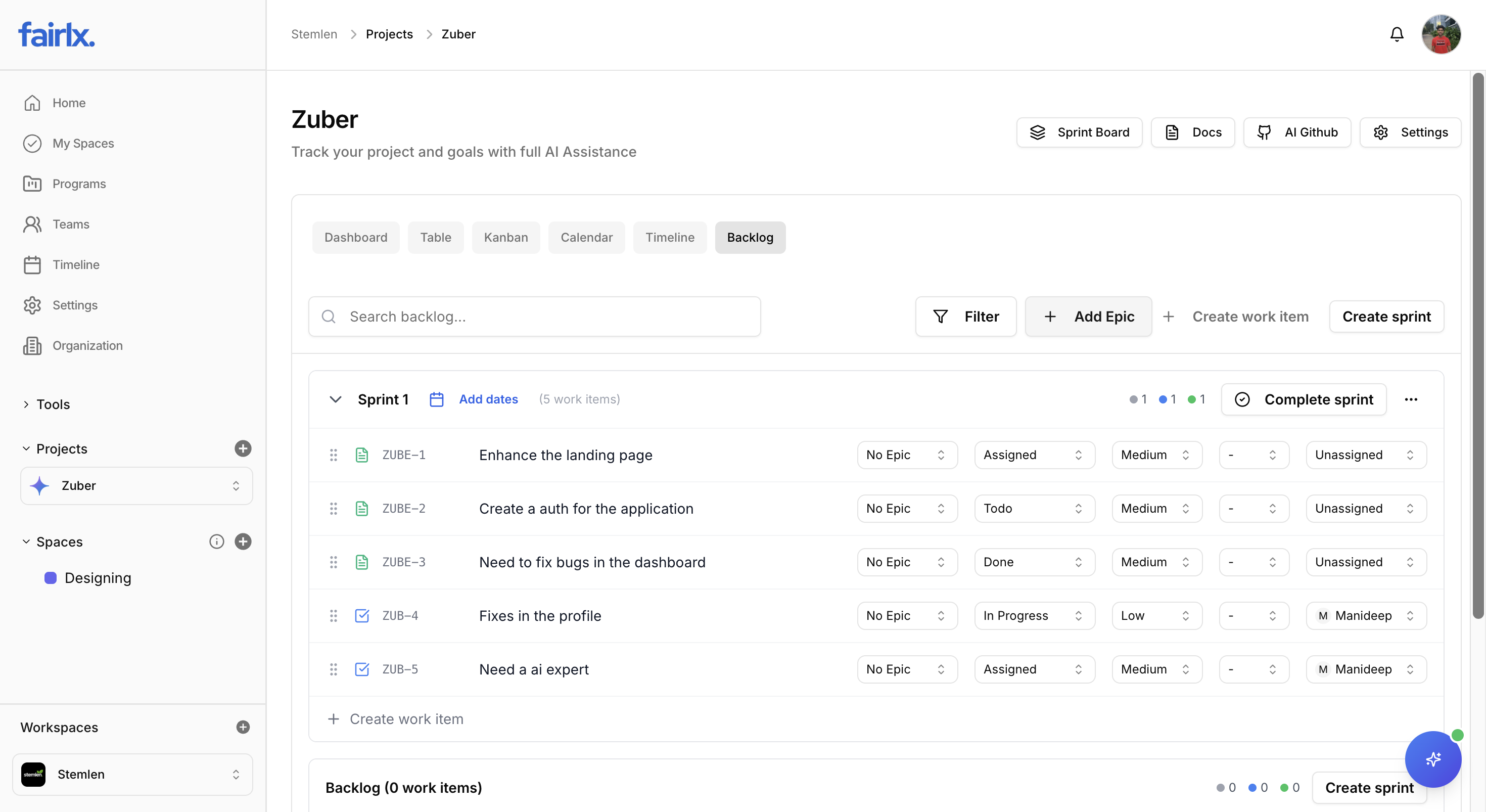 Epics, Work Items & Sub-Tasks Page visualization